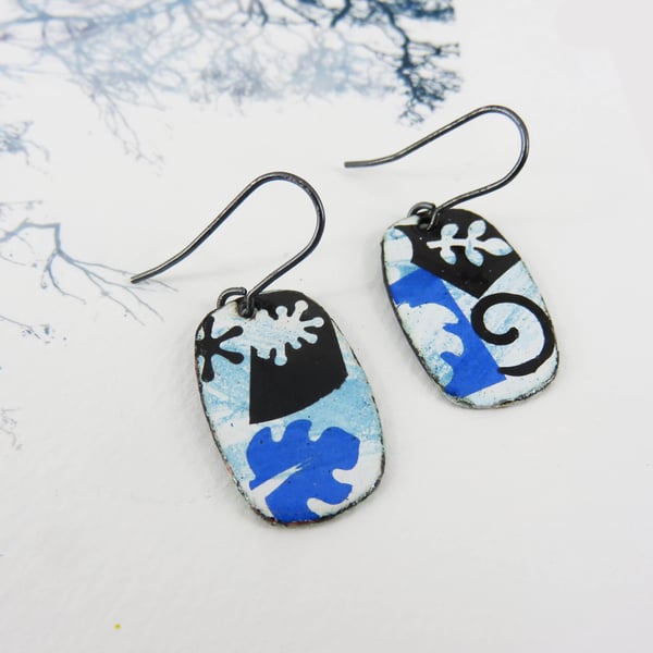 Collage Pattern Enamel on Copper Dangle Earrings