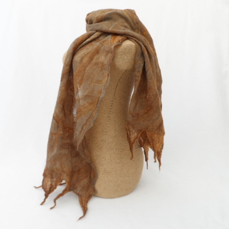 Scarf Nuno felted wool on silk (brown)