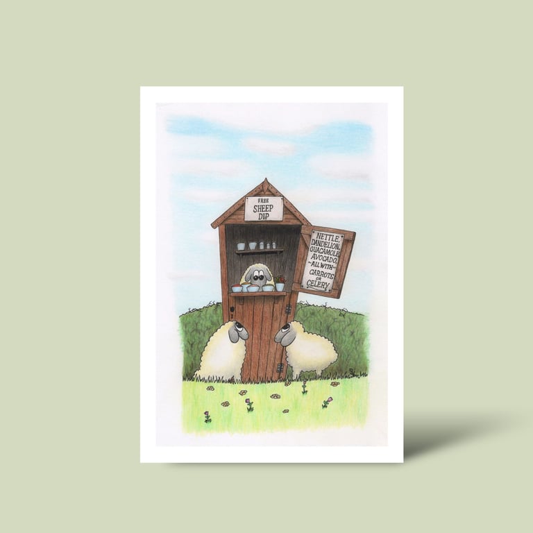 Sheep Dip Greeting Card: Cute and Funny Pencil Illustration (216)