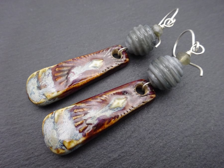 lampwork glass grey earrings, long ceramic jewellery