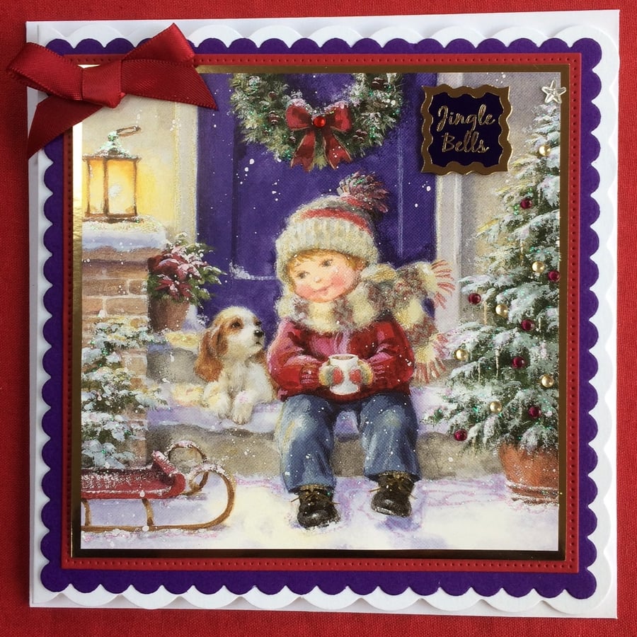 3D Luxury Handmade Card Christmas Sled Boy Puppy Dog by Poppy Kay Designs