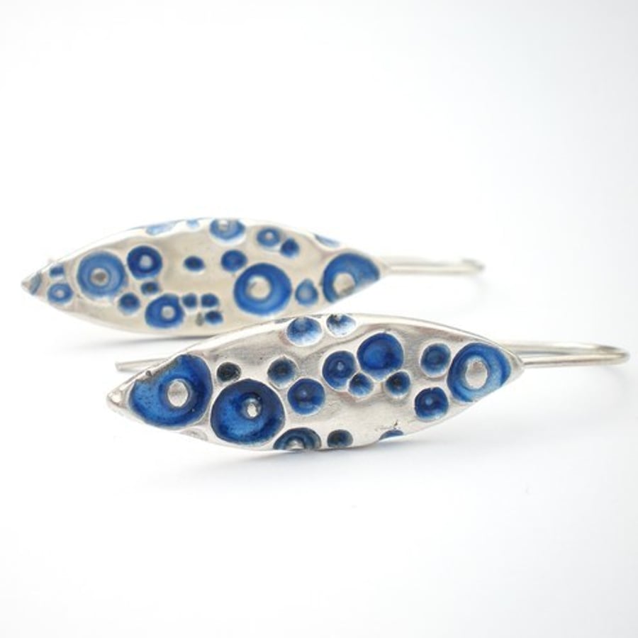 Oval Silver Blue Enamel Earrings