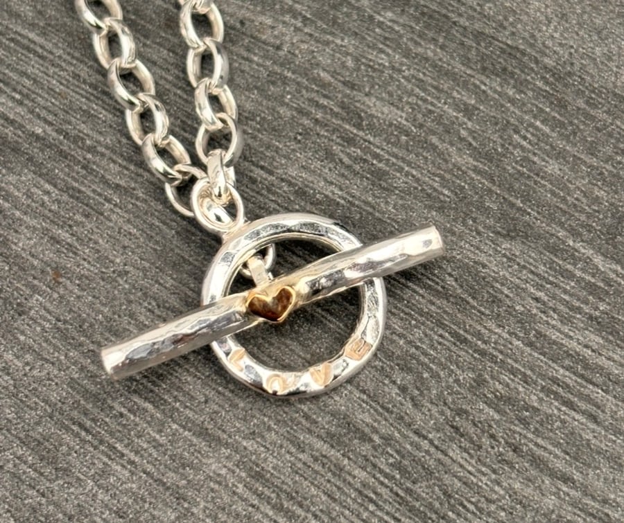 Sterling Silver T Bar bracelet, love fob bracelet, gold heart fob bracelet, 