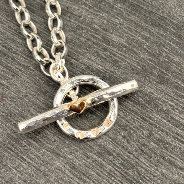 Sterling Silver T Bar bracelet, love fob bracelet, gold heart fob bracelet, 