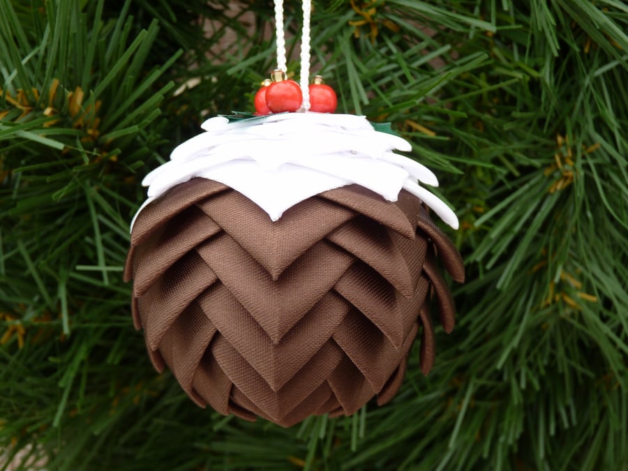 Christmas Pudding Hanging Decorations Made from Ribbon