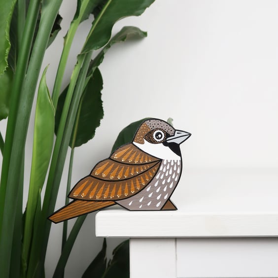 House sparrow door topper, decoration for door frame, hand painted wooden bird.
