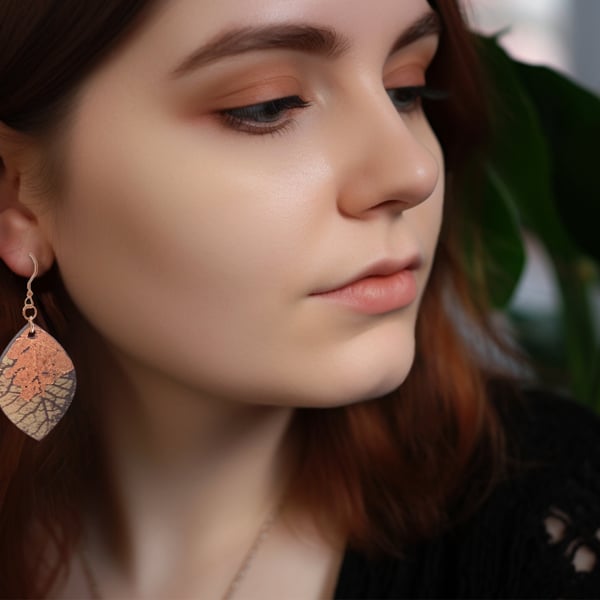Laser-Engraved Wood Leaf Earrings - Modern Geometric Style - Rose Gold Finish