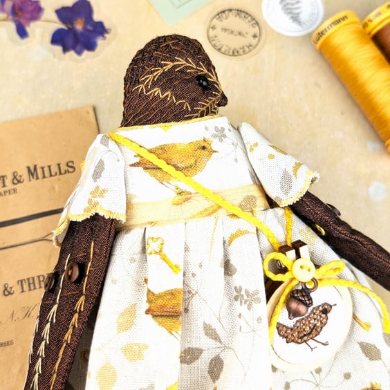Win,  A  Tiny Hand Embroidered Wren Folk Art Doll