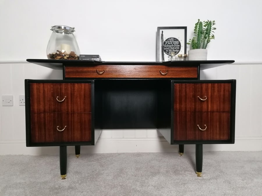 Upcycled Painted Dressing Table Desk - G Plan in black, gold and Walnut