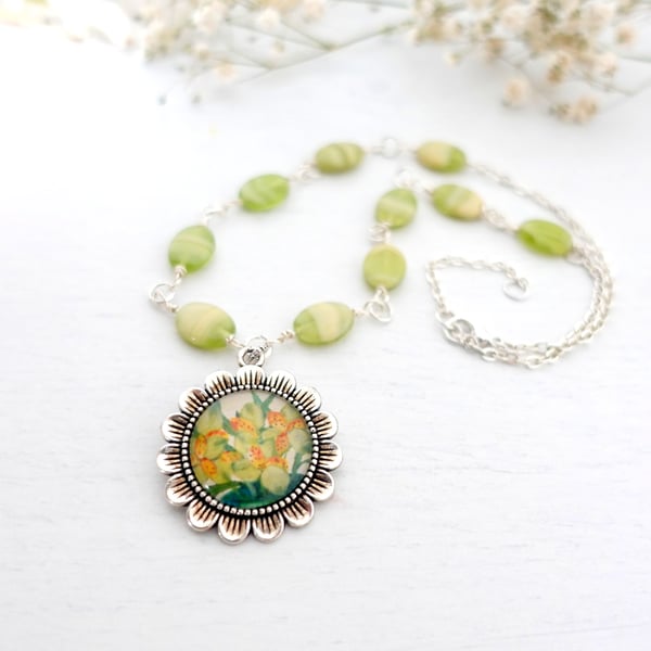 Green Pendant Necklace with Flower Art and Rosary-style Beadwork 