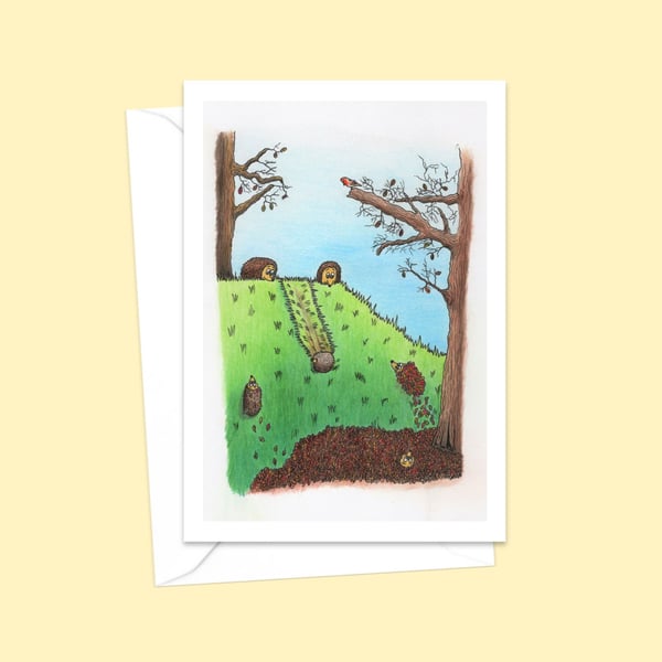 Playful Hedgehogs Greeting Card: Cute Hand Drawn Pencil Illustration (214)