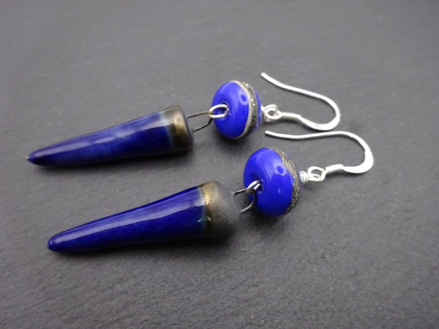 blue lampwork glass and ceramic spike earrings