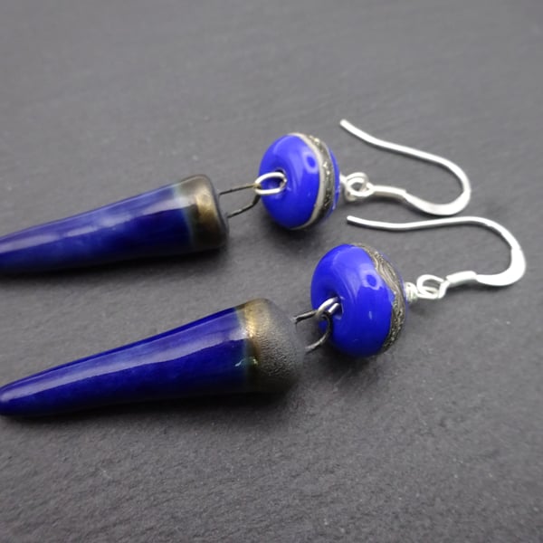 blue lampwork glass and ceramic spike earrings