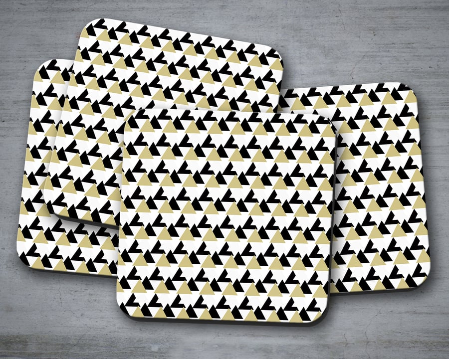 Set of 4 White with Black and Gold Triangle Geometric Design Coasters