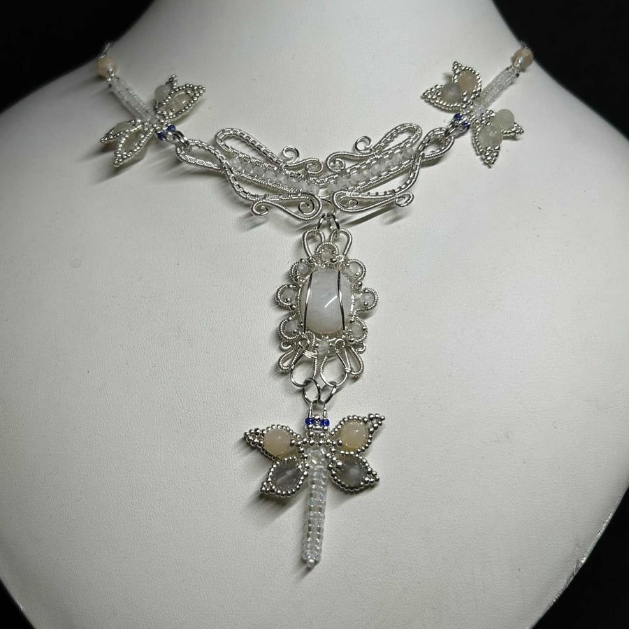 Moonlight Wire Wrapped and Seed Bead Moonstone Gemstone Necklace