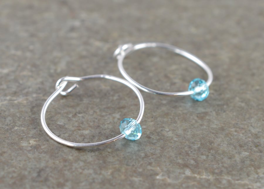 Boho 4mm "Light Turquoise" Swarovski Crystal 15mm Sterling Silver Hoop Earrings