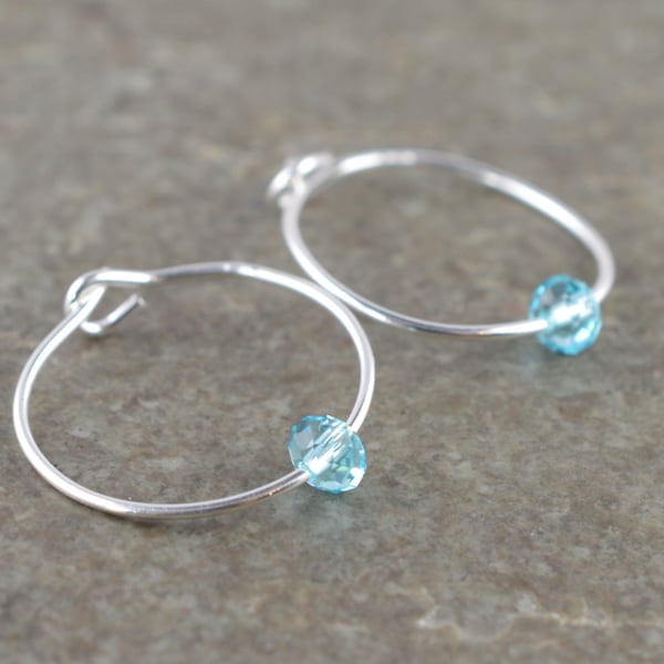 Boho 4mm "Light Turquoise" Swarovski Crystal 15mm Sterling Silver Hoop Earrings