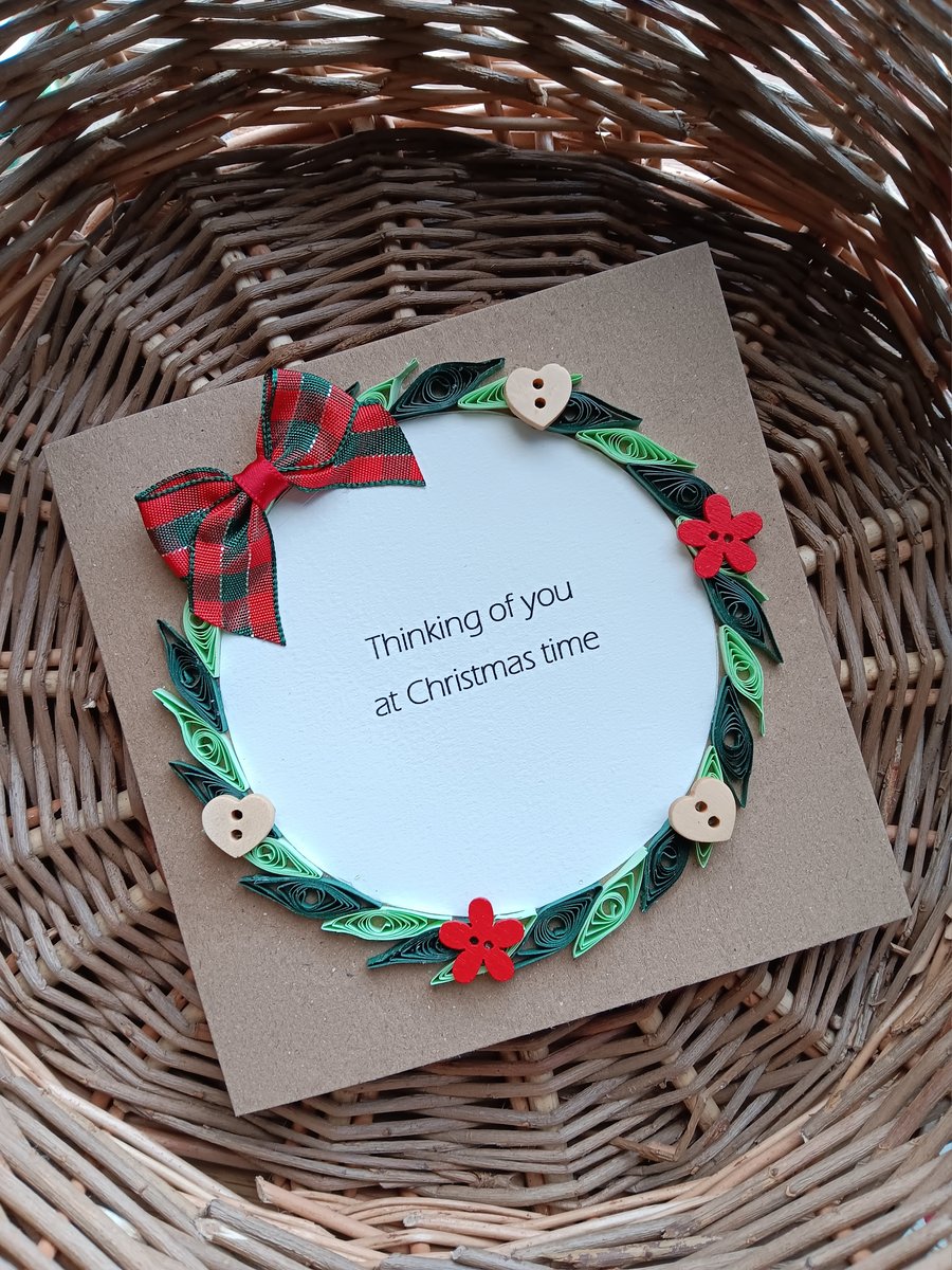 Quilled Wreath with Buttons Thinking of You at Christmas time Size 5" x 5"
