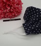 Face mask, small, nose wire,3 layer,  adjustable, washable in navy polkadot   - Image 6
