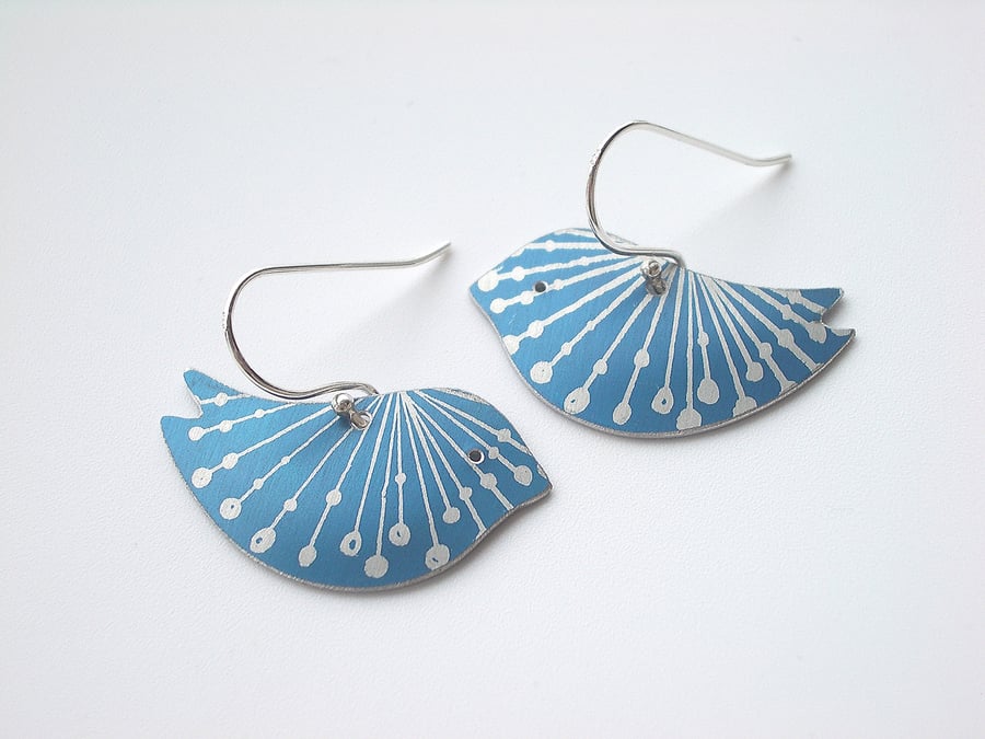 Bird earrings with seed print in blue and silver