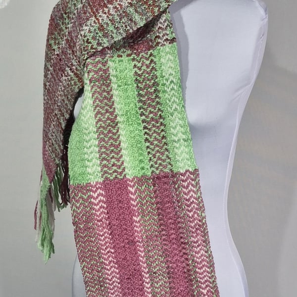 Handwoven LongWool Scarf In Light Greens And A Mix Of Pinks.