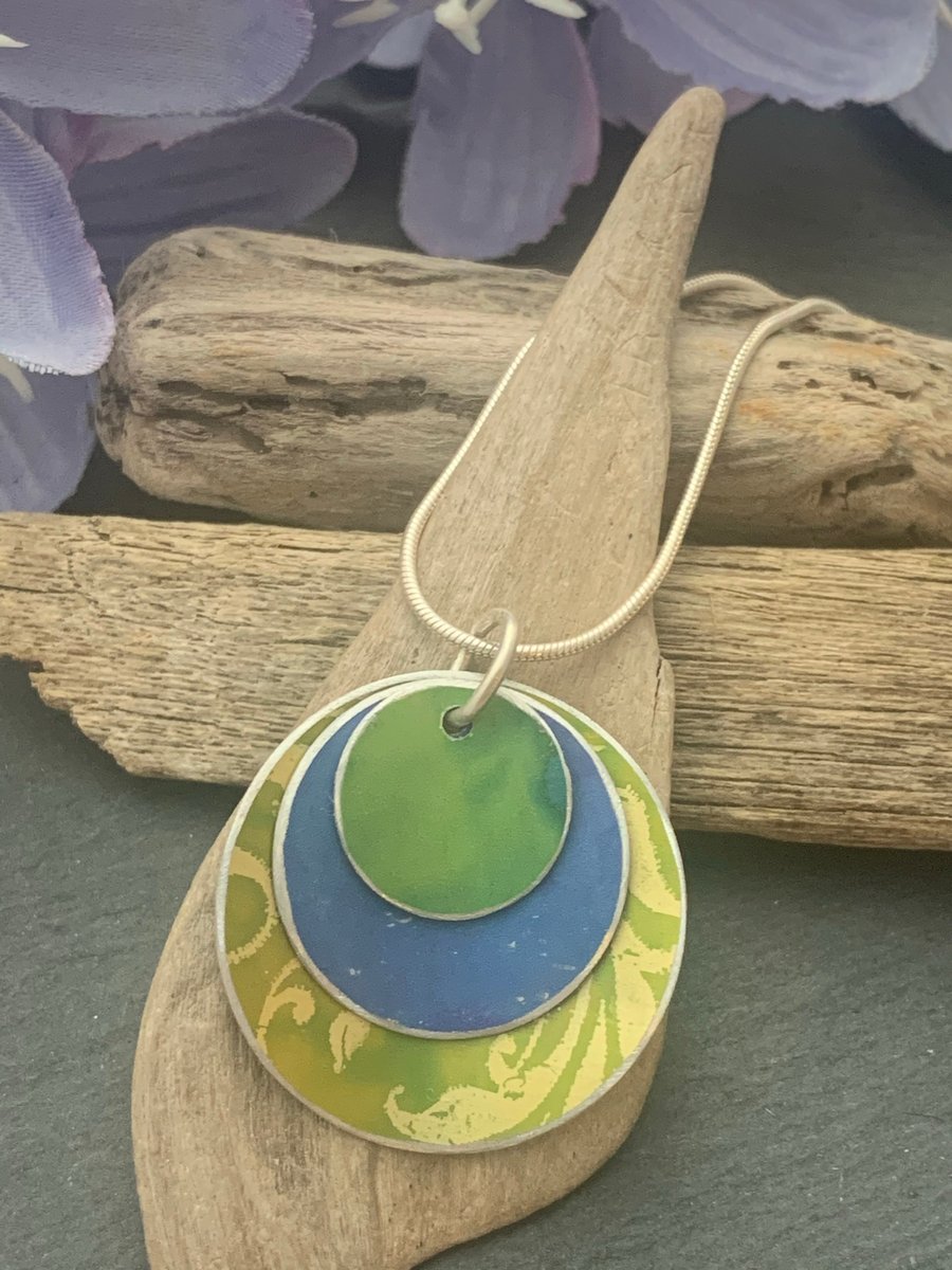 Water colour collection - hand painted aluminium pendant, lime green and purple