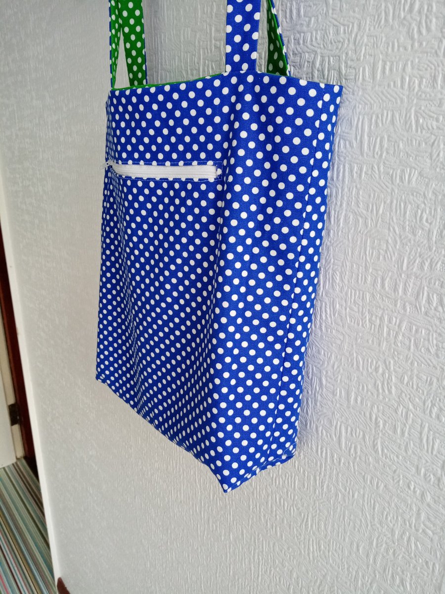 Reversible Tote Bag, Blue with White Polka Dots, Green with White Polka Dots,