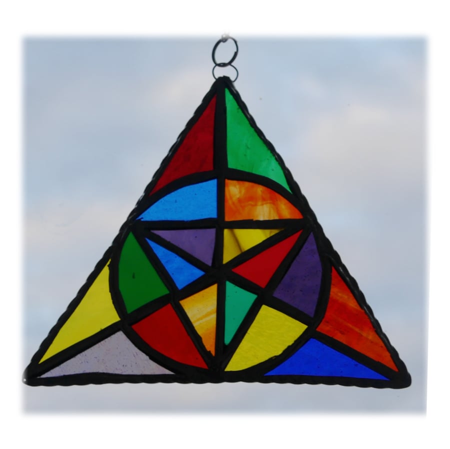 Patchwork Rainbow Triangle Stained Glass Suncatcher Geometric  