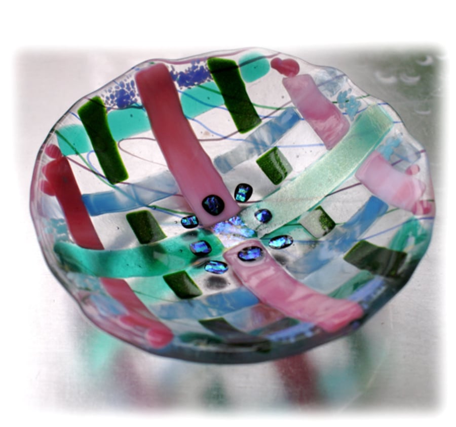 Fused Glass Bowl Round 13.5cm Pink Turquoise Weave Pattern