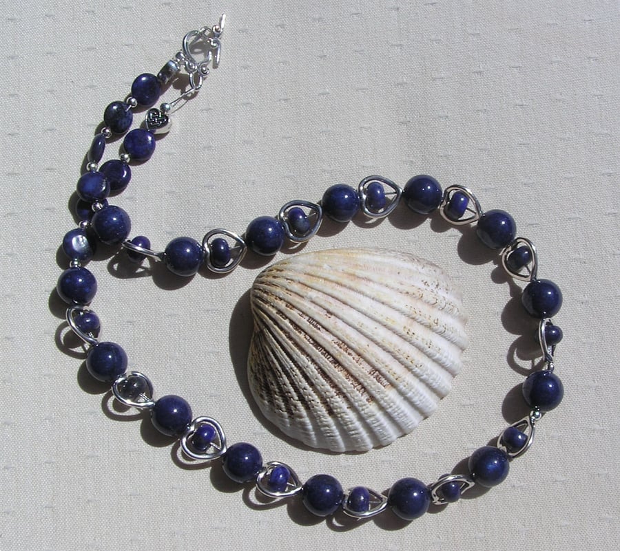 Blue Lapis Lazuli Crystal Gemstone Silver Heart Beaded Necklace "Maria"