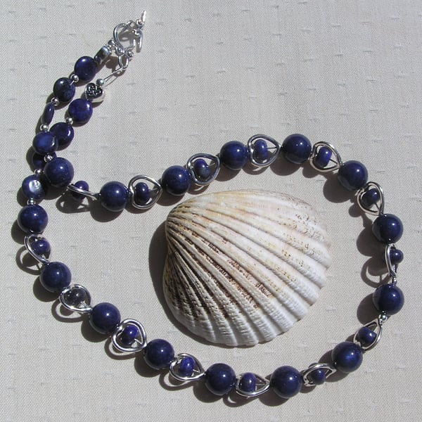 Blue Lapis Lazuli Crystal Gemstone Silver Heart Beaded Necklace "Maria"