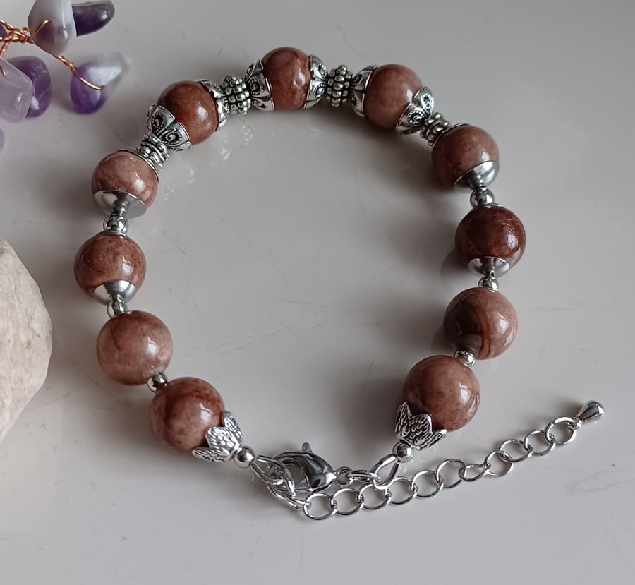 Brown aventurine beaded bracelet, crystal healing gemstone, adjustable chain