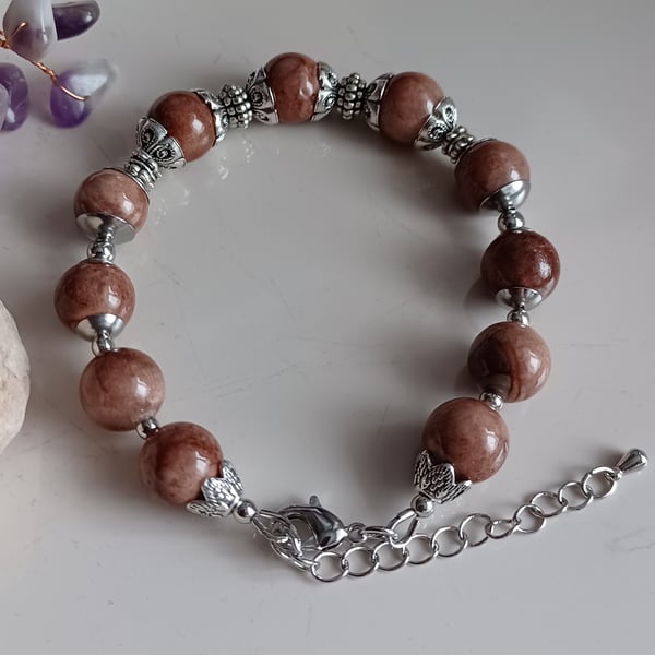Brown aventurine beaded bracelet, crystal healing gemstone, adjustable chain