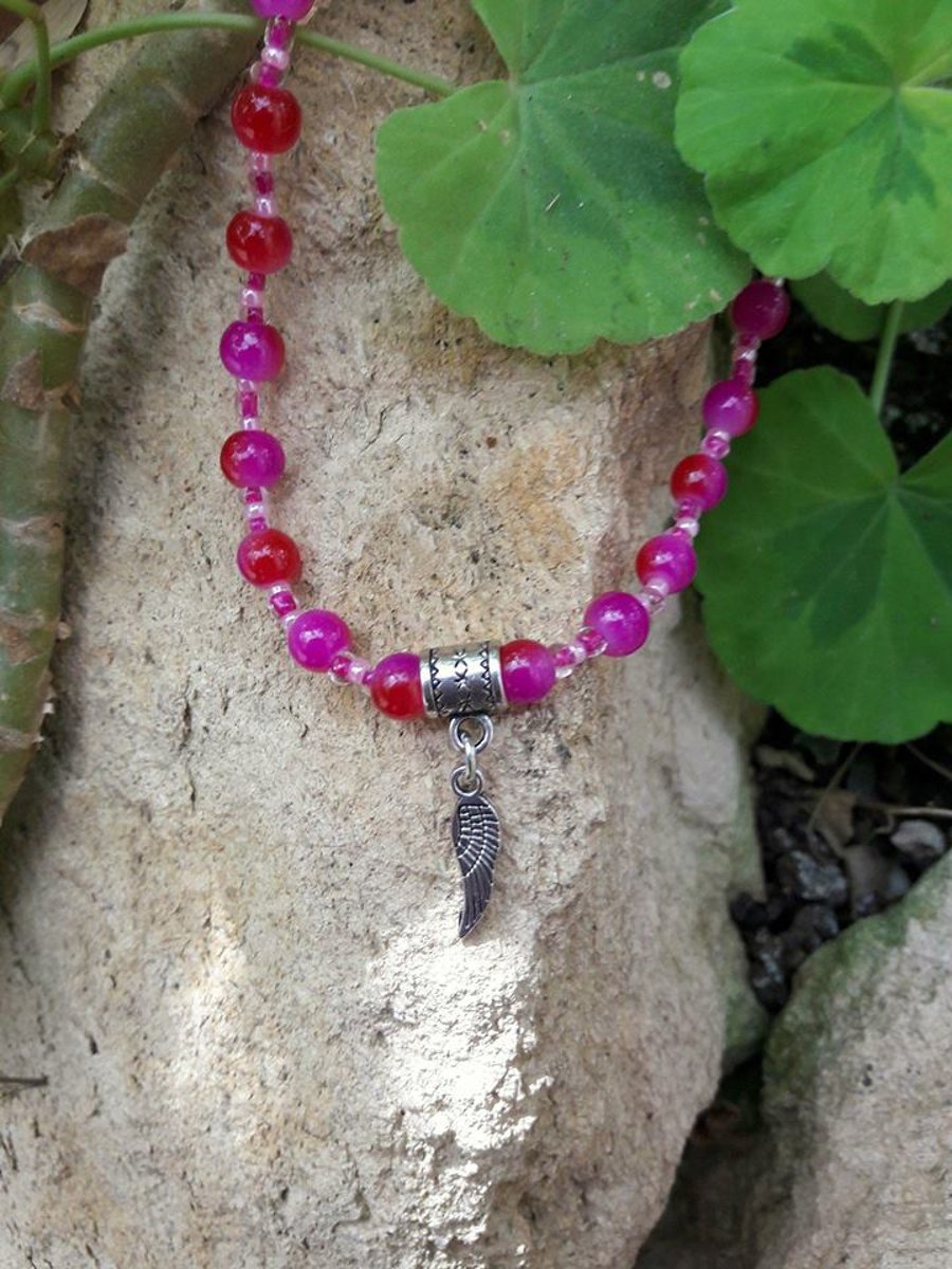 Purple Beaded Necklace with Angel Wing Charm 