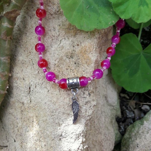 Purple Beaded Necklace with Angel Wing Charm 