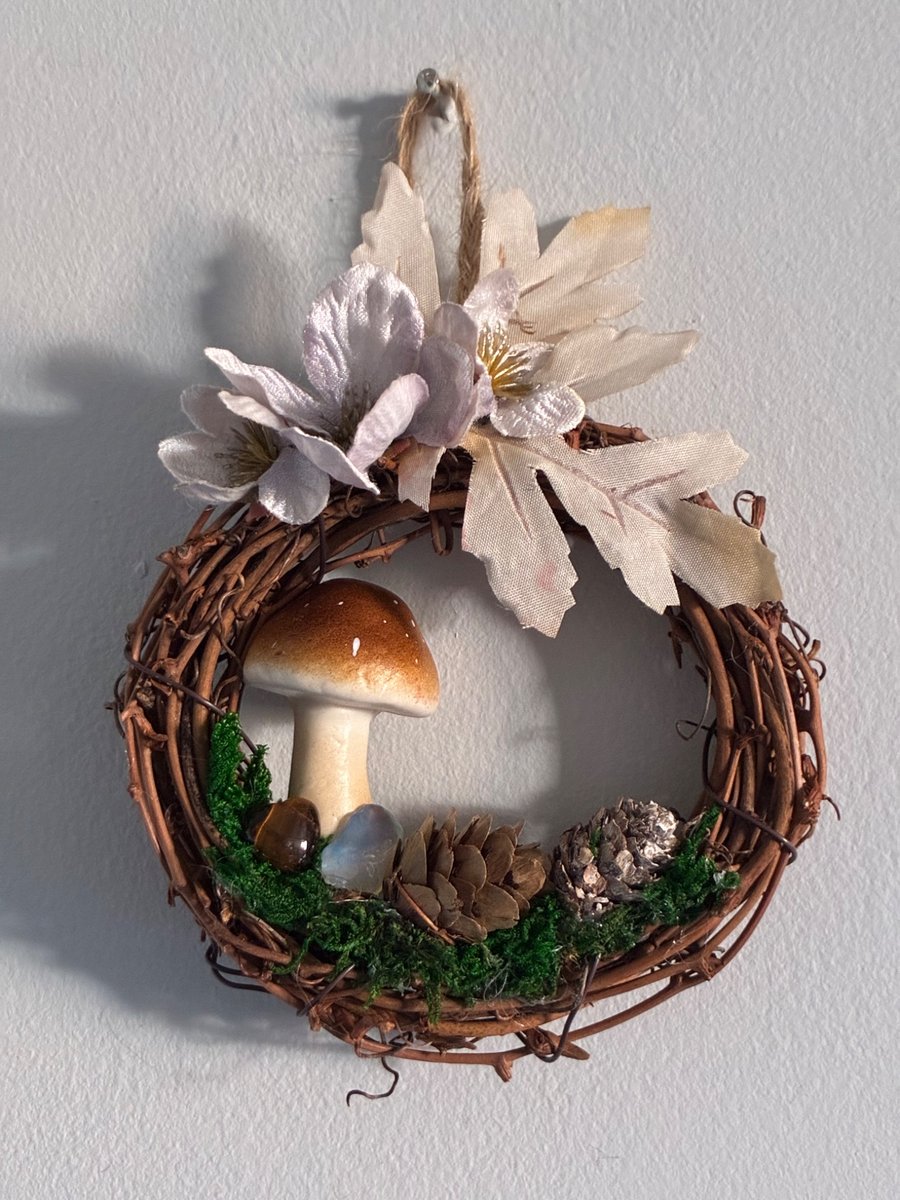 Autumn Winter mini wreath, Mushroom & floral tigers eye crystal 