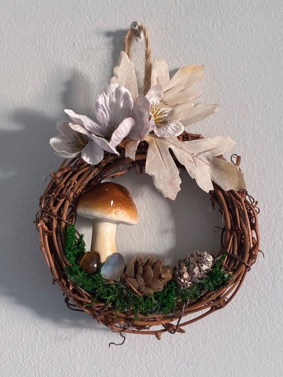 Autumn Winter mini wreath, Mushroom & floral tigers eye crystal 