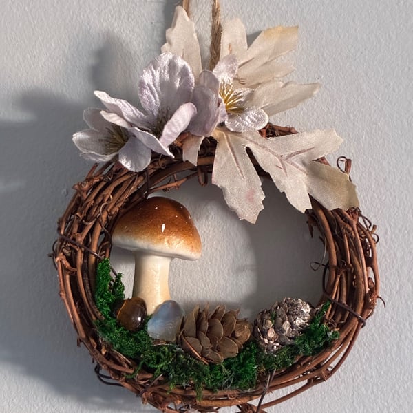 Autumn Winter mini wreath, Mushroom & floral tigers eye crystal 