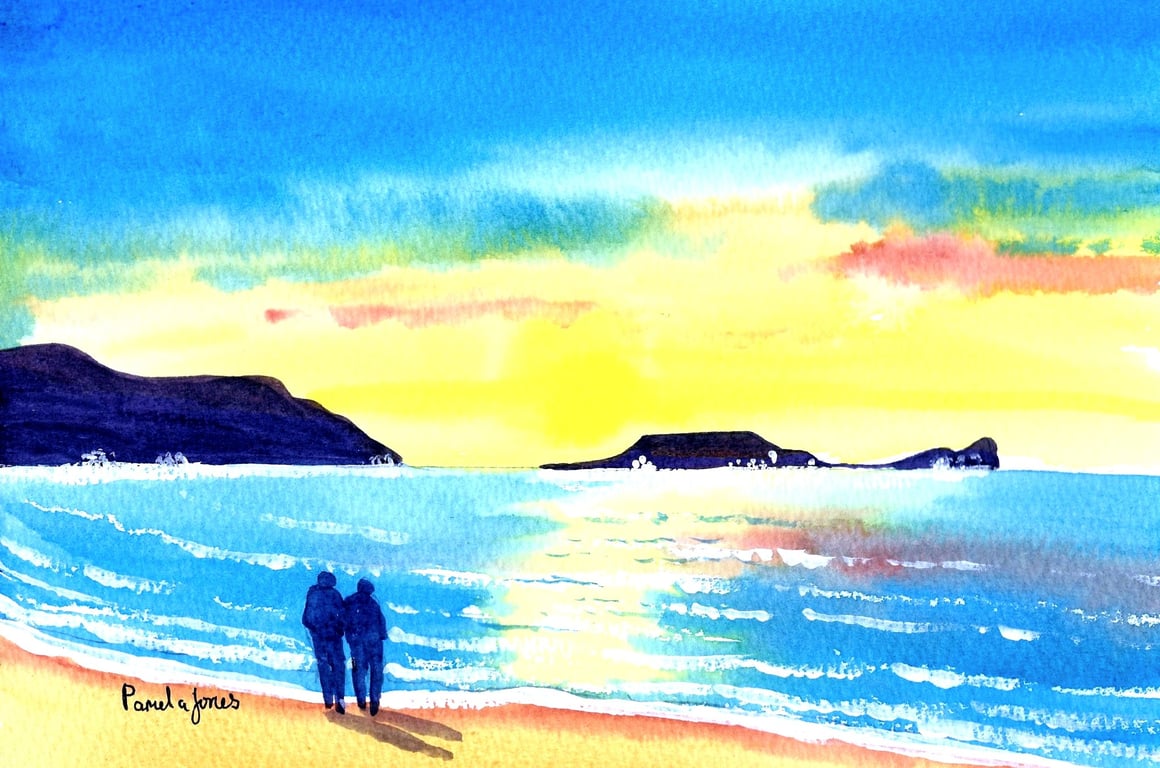 Morning Walk, Worms Head, Rhossili Bay, Gower, Watercolour Print in 9 x 7  Mount