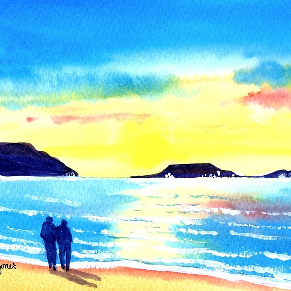 Morning Walk, Worms Head, Rhossili Bay, Gower, Watercolour Print in 9 x 7  Mount