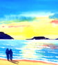Morning Walk, Worms Head, Rhossili Bay, Gower, Watercolour Print in 9 x 7  Mount
