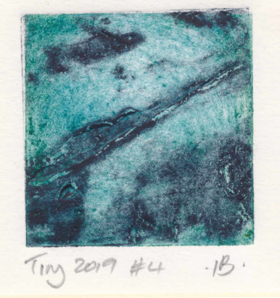 Tiny collagraph print 2019 series in blue and grey.