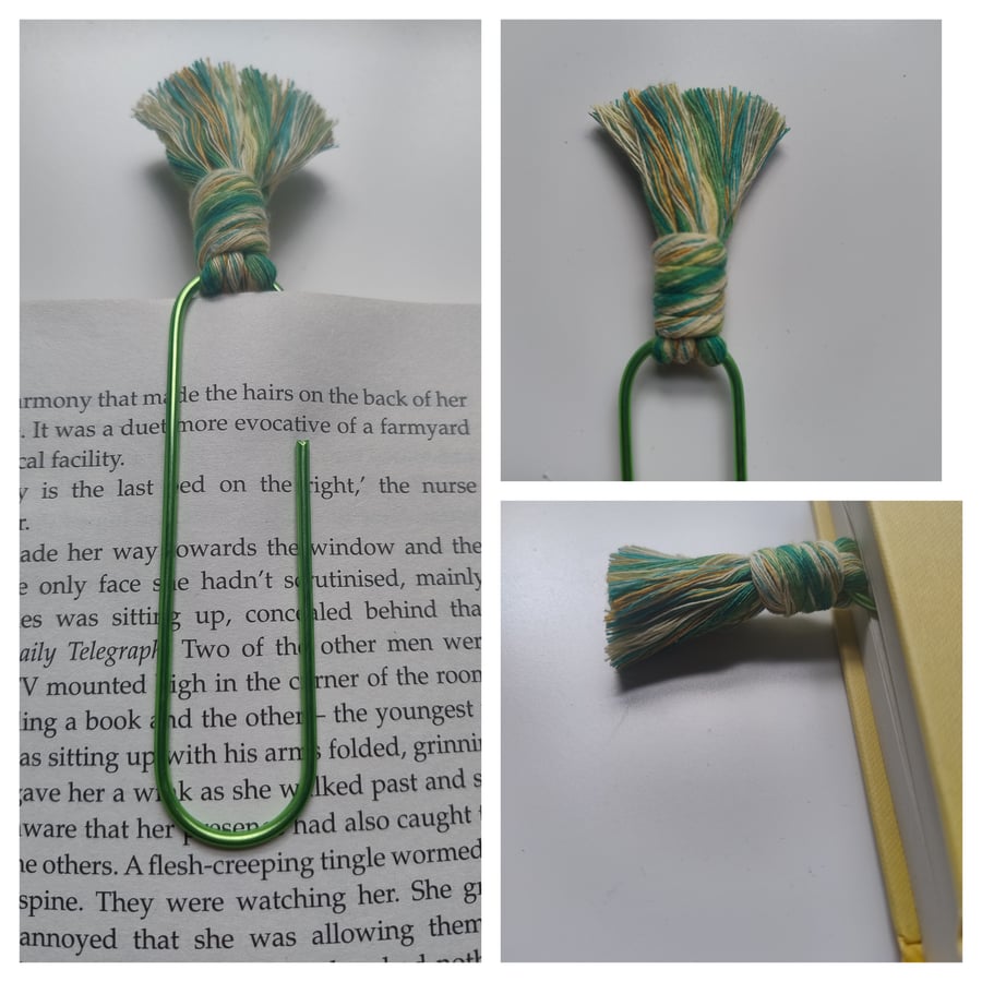 Large metal paperclip green macrame bookmark