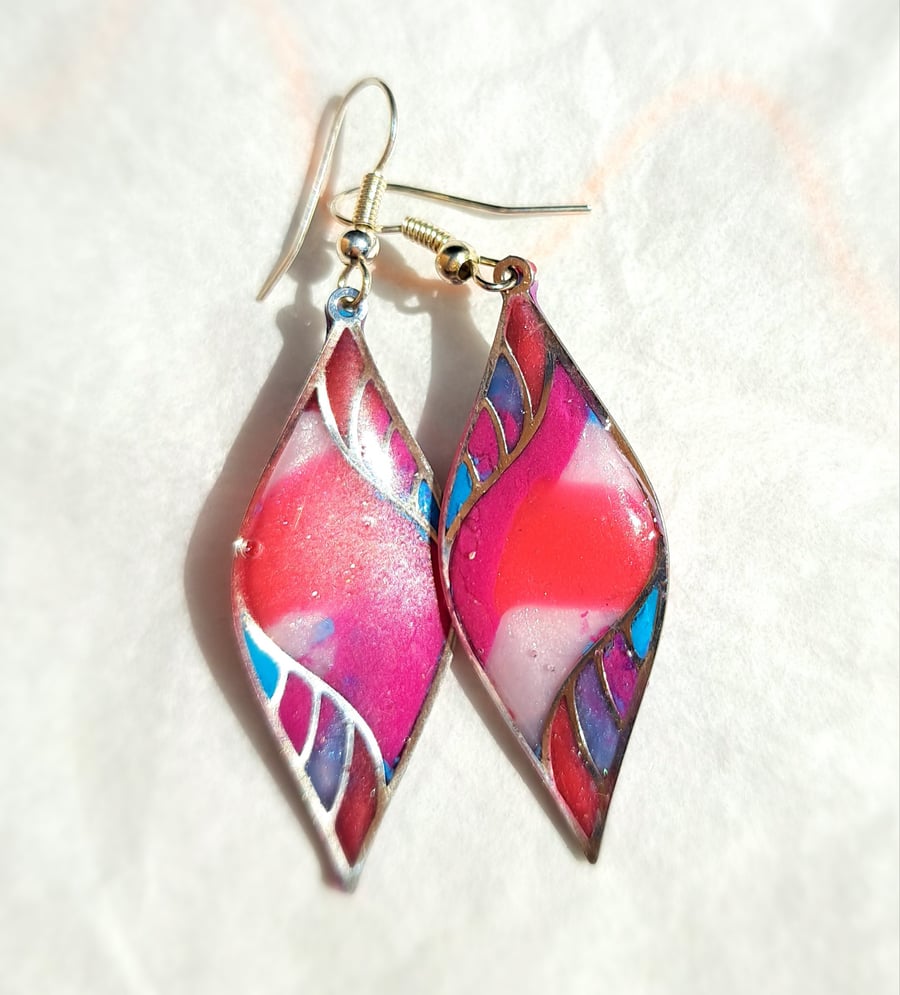 Earrings, teardrop silver plated, pink, blue, red, white, purple