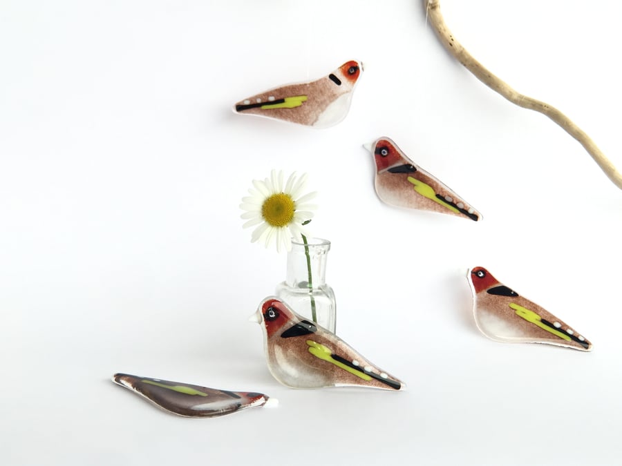 One fused glass goldfinch, British garden bird