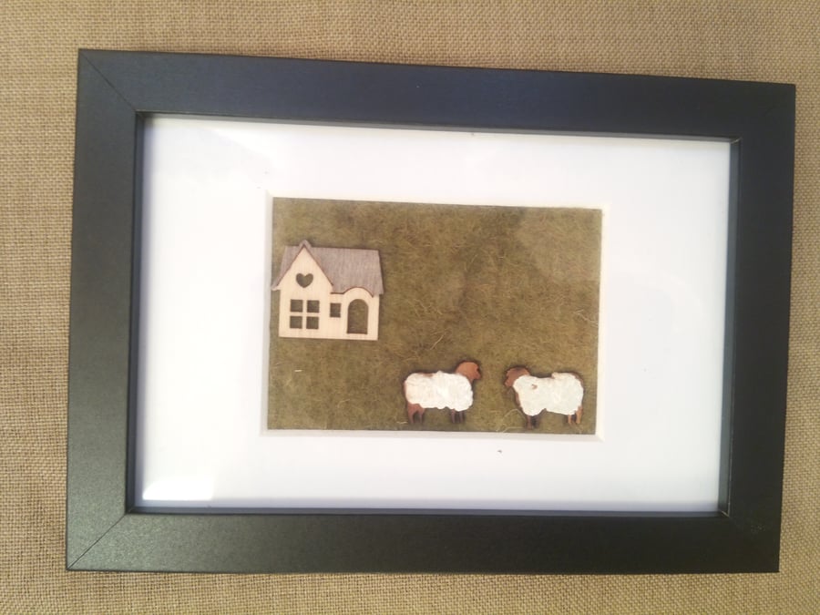 picture with felted background, wood and glass beads - sheep