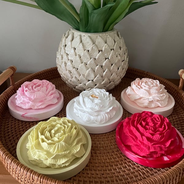 Scented peony ornament on coaster - eco resin flower decor - aroma stone passive
