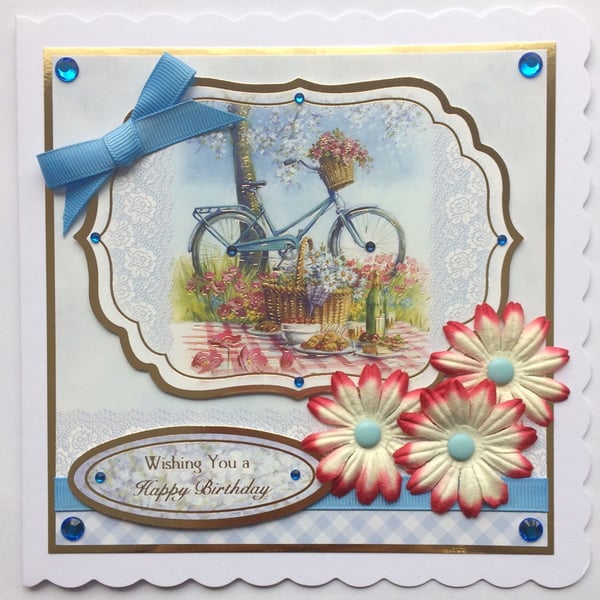 Birthday Card Happy Birthday Summer Picnic with Bicycle and Flowers 3D Luxury