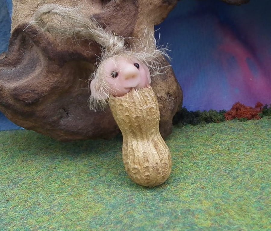 Seed Podling Gnome 'Jessica' in peanut shell 2" OOAK Sculpt by Ann Galvin