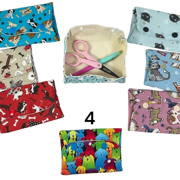 box shaped Coin purse with dogs and cats, small fold up small pets notions pouch